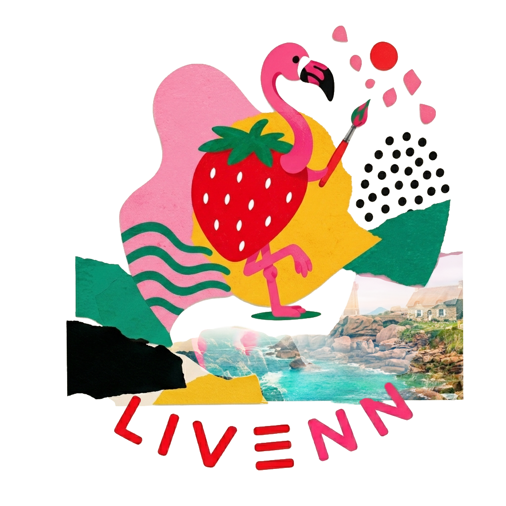 LIVENN studio graphique Bretagne — flamant rose illustré avec une fraise, illustration colorée représentant l'univers créatif de l'agence de communication LIVENN entre Finistère et Côtes-d'Armor